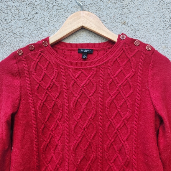 TALBOTS Women's Sweater Small Petite Red Lambswool Blend Cable Knit Pullover - Picture 2 of 10